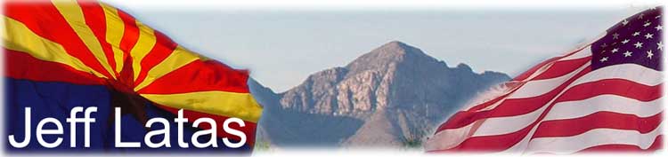Jeff Latas banner, showing Pusch Ridge along with the U.S. and Arizona flags